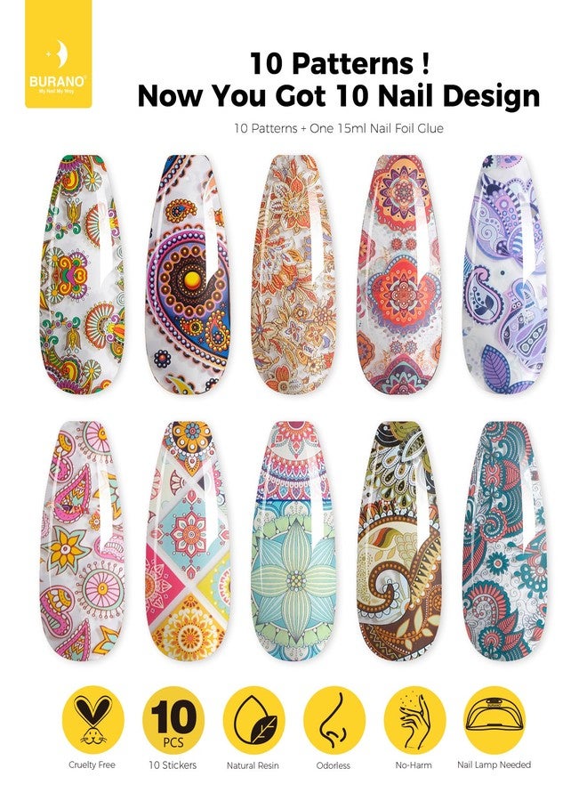 BURANO Nail Art Nail Foil Glue Gel, o.5 oz with 10PCS Foil Stickers Set Nail Foil Glue for Nails Foil Transfer Gel, Nail Design DIY UV LED Lamp Required (Popular Foil 12) - Image 2